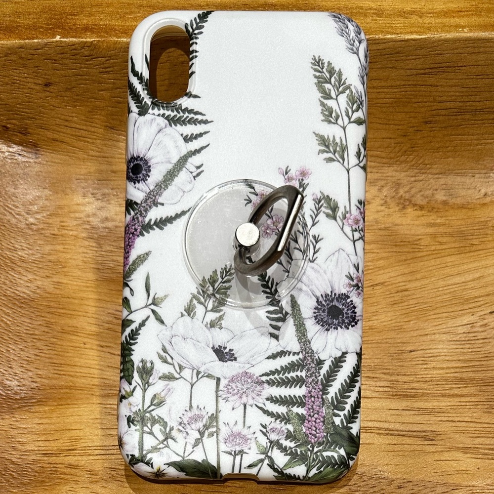iPhone XR Case with Finger Ring White Purple Green Pink Floral Poppy Fern GUC